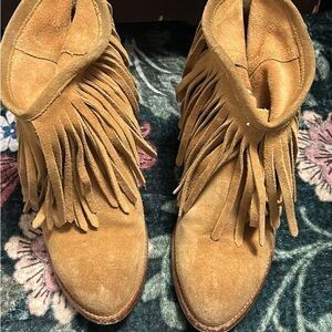 Frye Tan Fringe Suede Ankle Boots